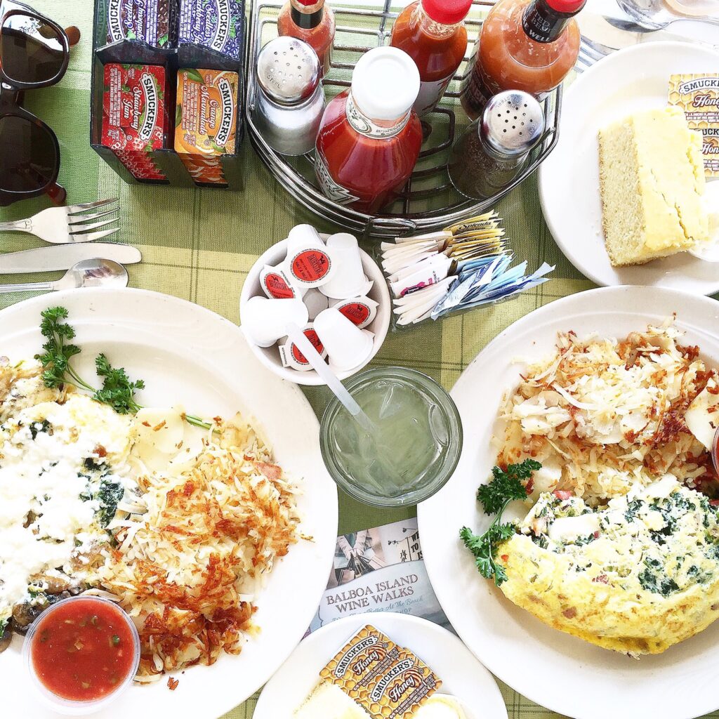 Aerial breakfast pic of our omelettes and cornbread at Wilma's Patio on Balboa Island.