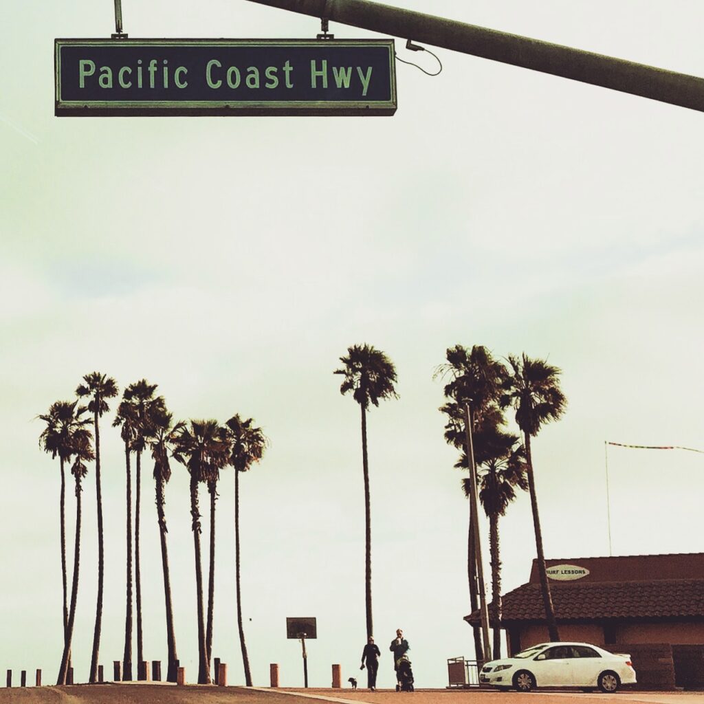 Pacific Coast Highway sign with palm trees.