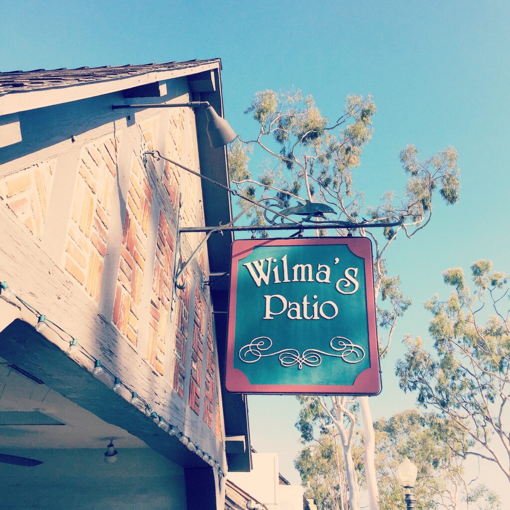 Sign for Wilma's Patio on Balboa Island.